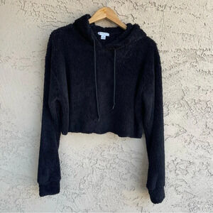 Favlux Black Fuzzy Teddy Pullover Cropped Hoodie Sweatshirt Women's Size Large